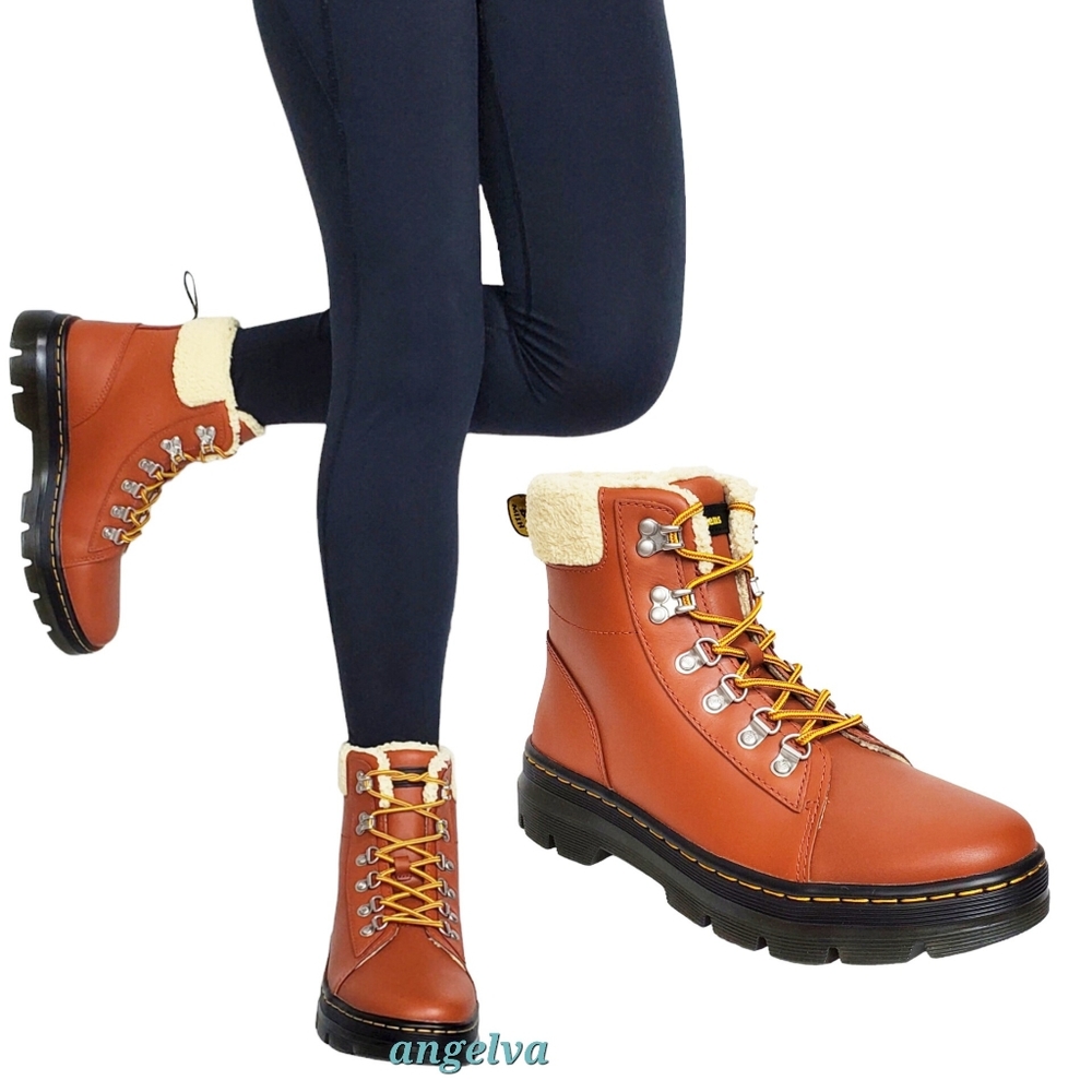 NWB Dr Martens combs leather faux fur lined combat boots rust tan waterproof